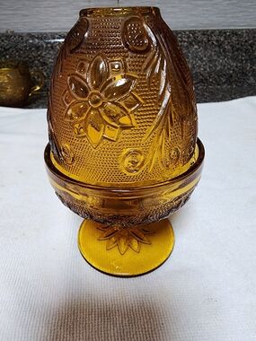 Vintage Tiara Indiana Glass Amber Sandwich Fairy Lamp 2-Piece